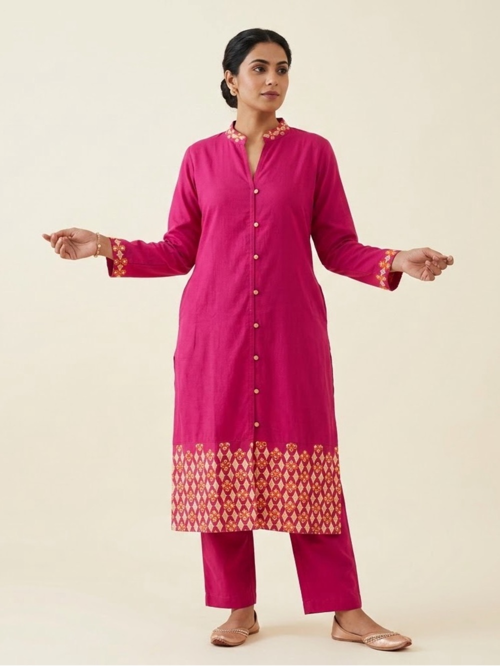 Vibrant Fuchsia Button-Front Tunic with Traditional Mirror-Work embroidered
